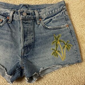 Levi 501 Denim Palm Tree Embroidered Women's Shorts (Button Fly)